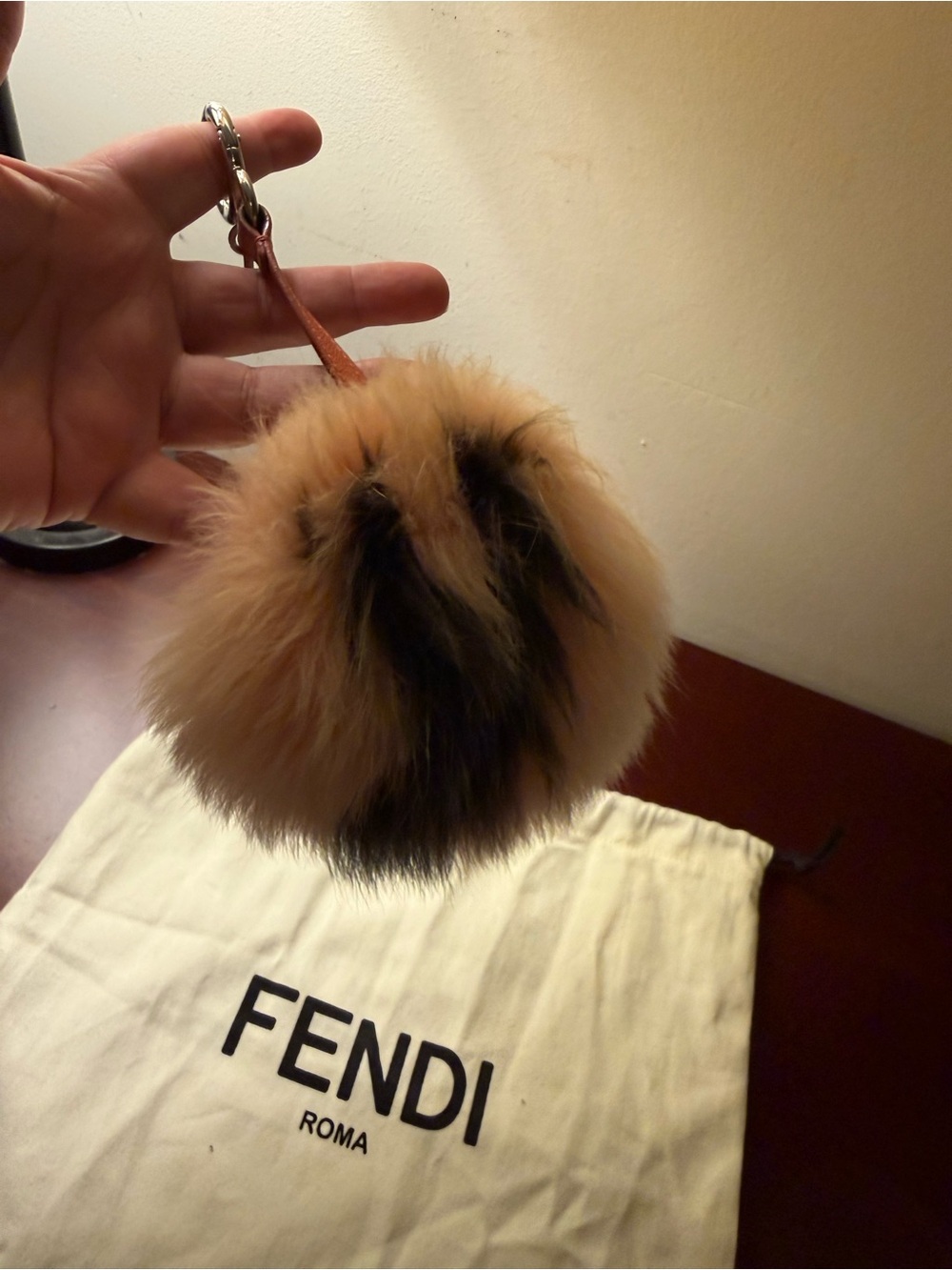 Fendi Fur Pom letter Y Keychain - Peach and Black - Picture 6 of 6